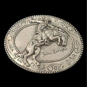 Frederic Remington Bronco Buster Silvertone Oval Belt Buckle Western Cowboy Art